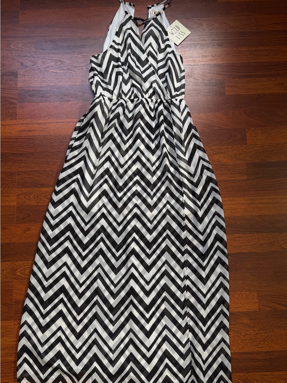 Women's Black & White Chevron Halter Maxi Dress
